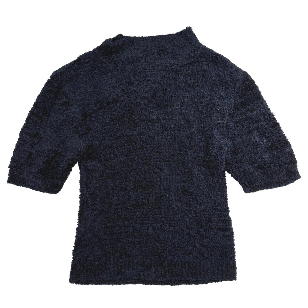 BCBG Paris Navy Blue Fuzzy Mock Neck Short Sleeve Sweater Top Women's Size M